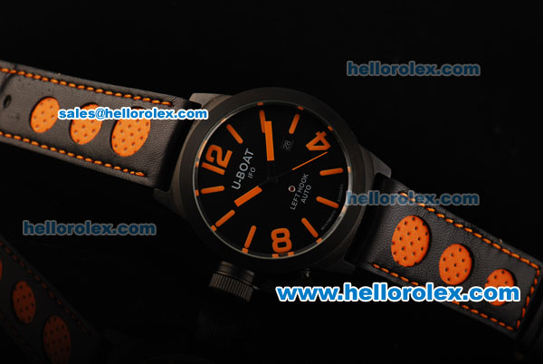 U-Boat Italo Fontana Left Hook Automatic Movement PVD Case with Black Dial and Orange Markers - Two Tone Leather Strap - Click Image to Close